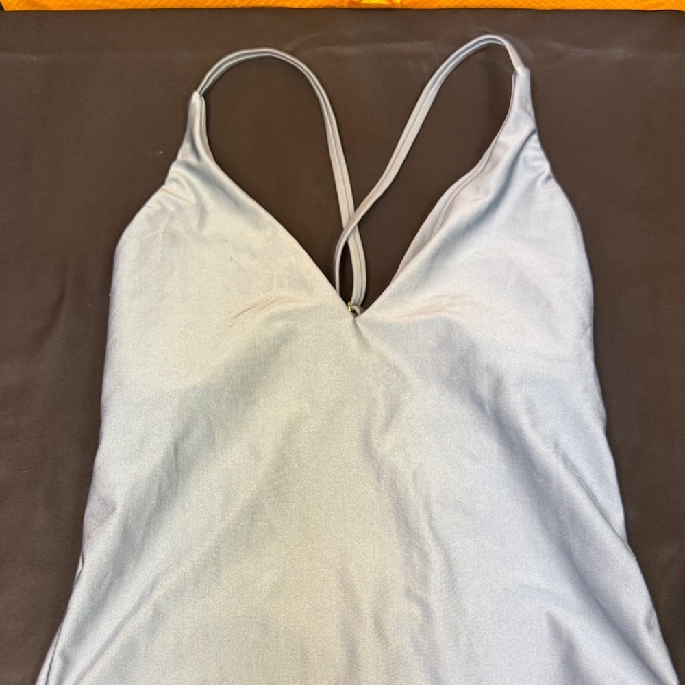 Shade & Shore Blue Shimmer Strappy V-Neck swimsuit one piece med 8-10